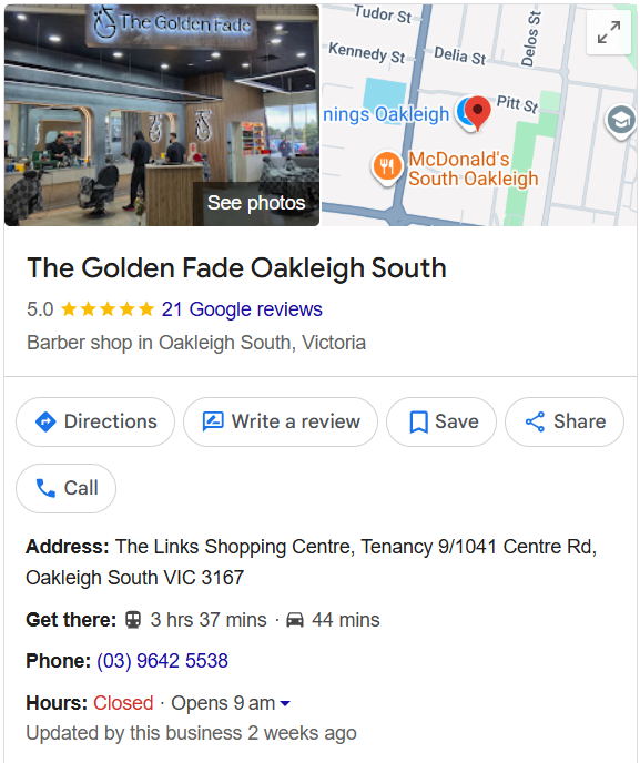 Google listing for The Golden Fade Oakleigh South showing a 5.0 star rating and 21 Google reviews