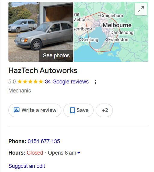 Google listing for HazTech Autoworks showing a 5.0 star rating and 34 Google reviews